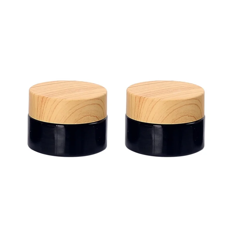 

1/2Pcs 20g/0.7oz Black Glass Cream Jars Empty Sample Containers Refillable Cosmetic Jar Vials Wood Grain Lid Foundation Lotion