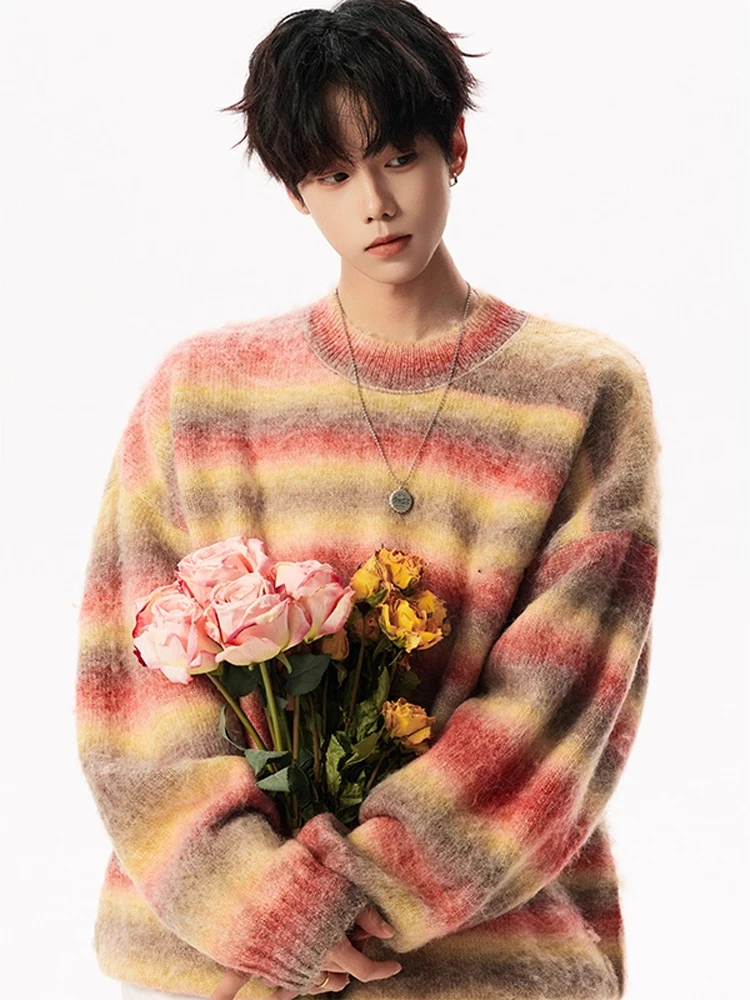 

Ретро американский полосатый цветной свитер Blo round Ne для мужчин и женщин, мягкий уютный темно-синий теплый вязаный базовый слой, осень-зима