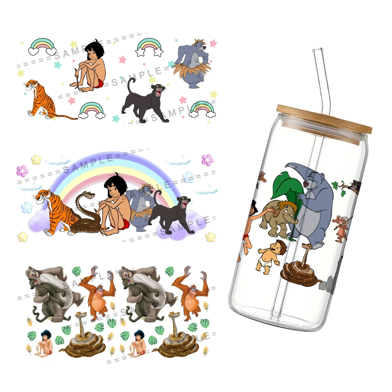 Disney The Jungle Book 3D Waterproof UV DTF Cup Wrap for 16Oz Libbey Glass Can DIY Transfer Sticker