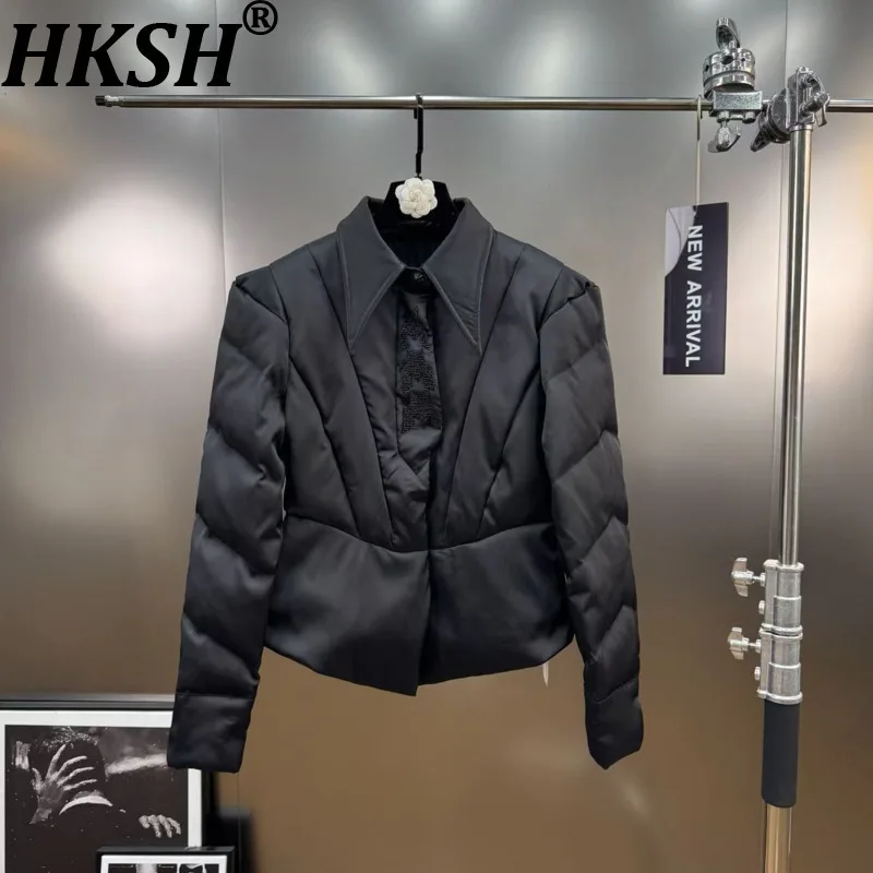 

HKSH Winter New Women's Down Coat Turn-Down Collar Long Sleeves Beaded Tie Waist Cinching Slim Fit Trendy Puffer Jackets HK15235