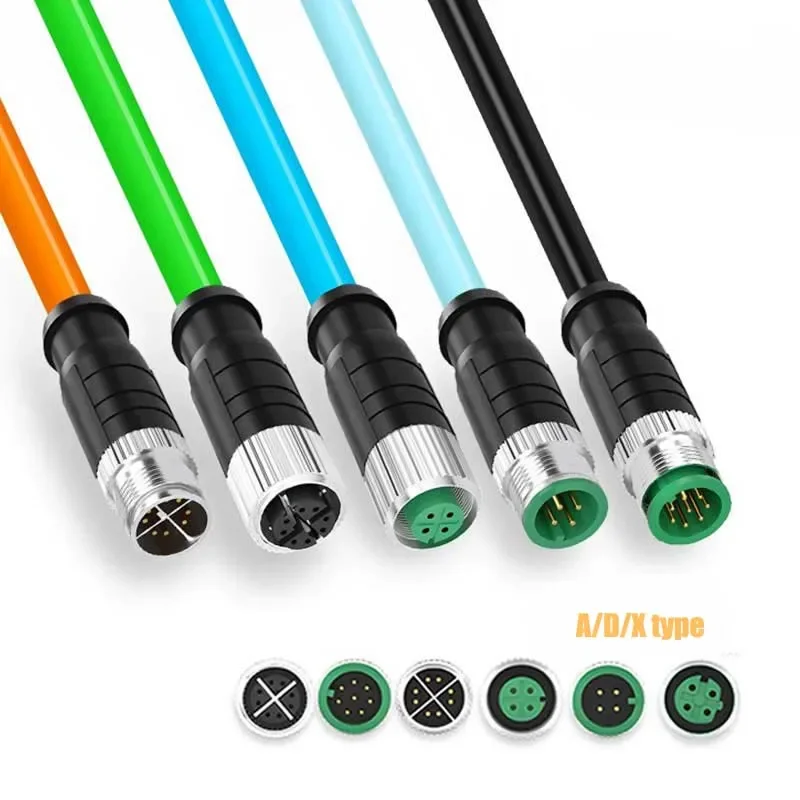 3/5/10M M12 to M12 4Pin D-Coded Connector สาย IP67 ปลั๊กอุตสาหกรรมชายหญิง A-type Cat7a/Cat6a Ethernet