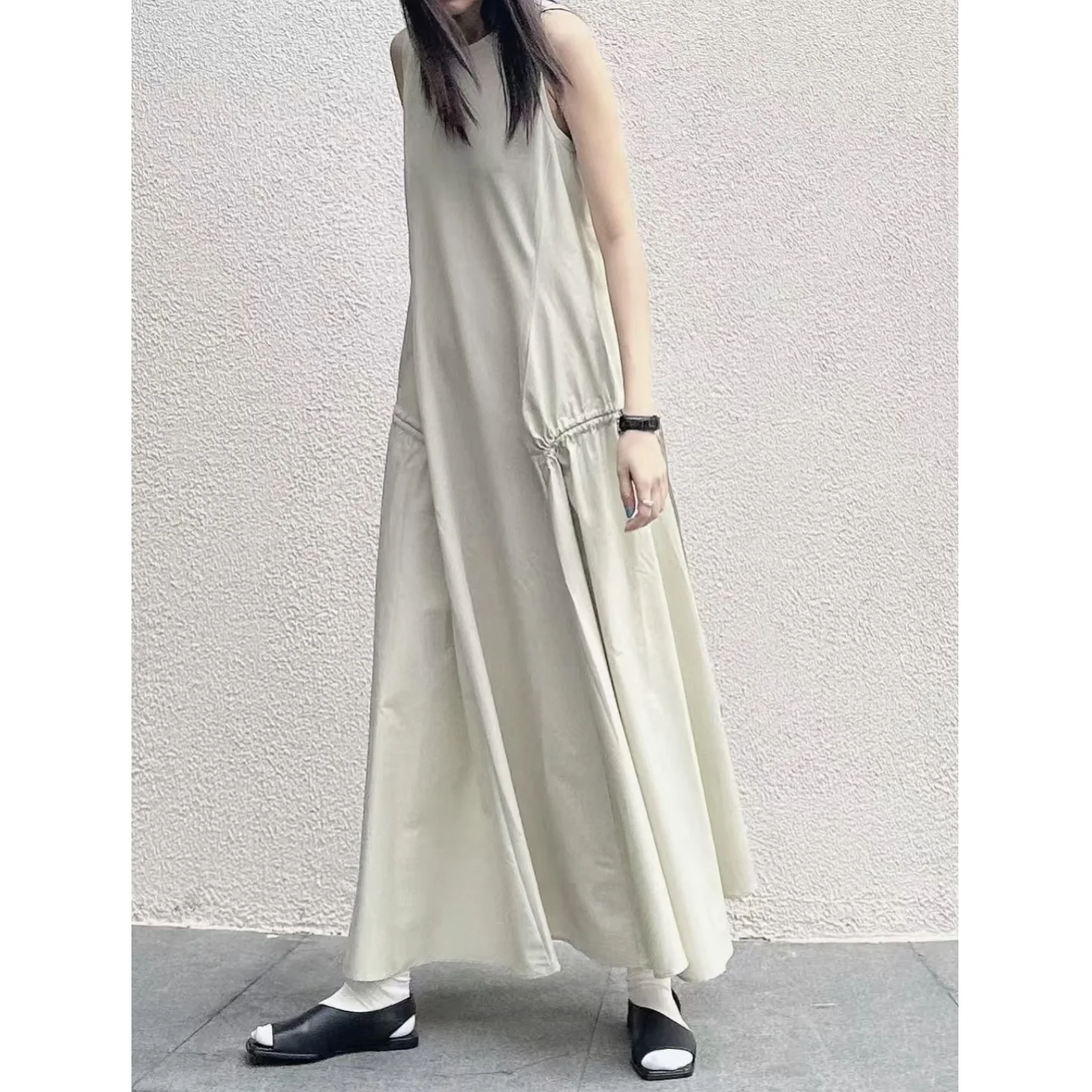 

Women Sleeveless A-line Midi Dress Loose Fit Female Solid Color Long Robe