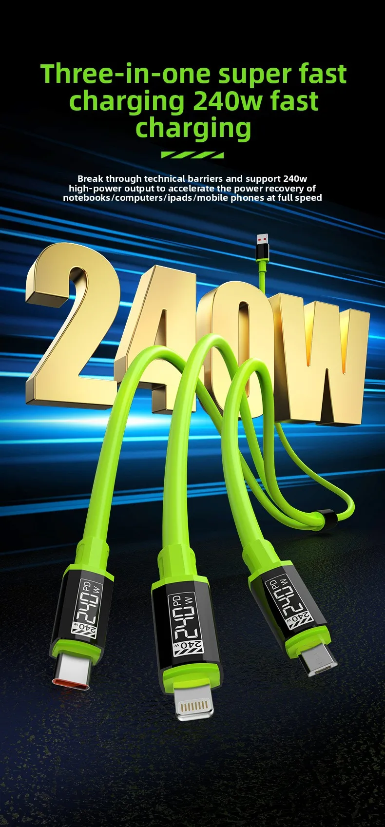 3 in 1 240W Fast Charging Cable Suitable For Micro USB Type C Charging Cable Multiple USB Ports Suitable For iPhone Huawei