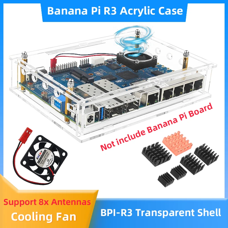 

Banana Pi BPI-R3 Acrylic Case Transparent Shell Optional Active Cooling Fan Heatsinks WiFi Antennas