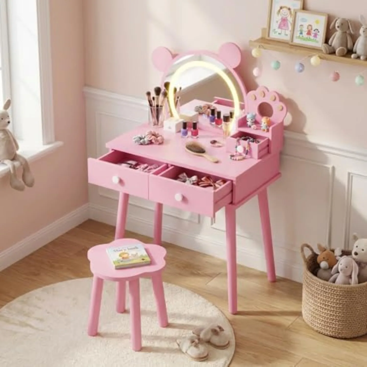 LED Bear-Shaped Mirror Kids Vanity Set - Wooden Princess Makeup Table with Storage Drawers & Stool - Pretend Play
