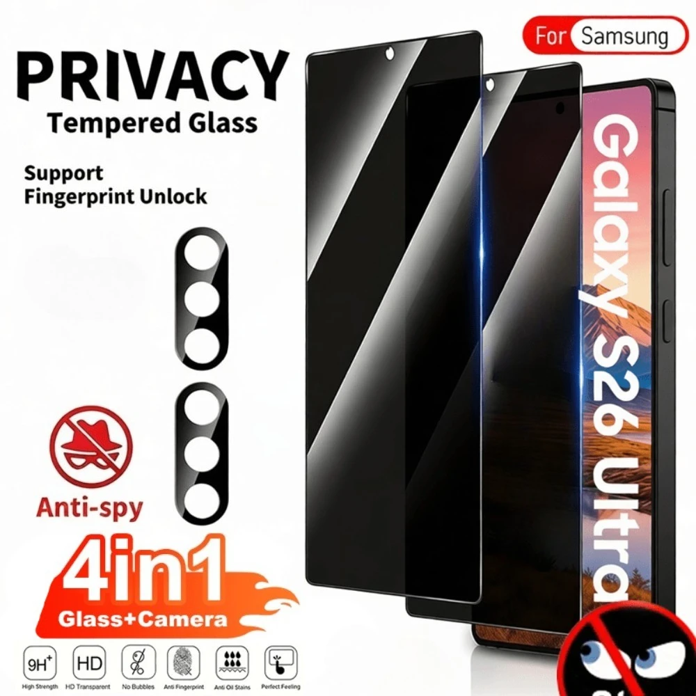 2 Stück Anti-Spionage Vollbildschirmschutz für Samsung Galaxy S26 S25 S24 Ultra S23 S22 S21 Plus S25 S24 FE Mit 2 Stück Kameralinsen-Glas