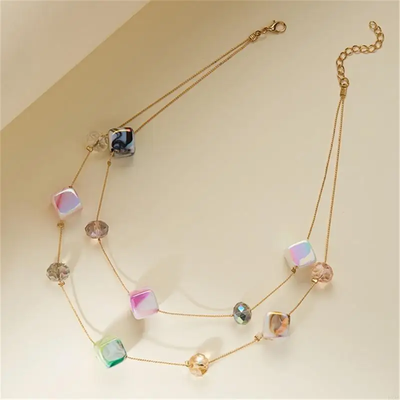  Versatile Auroras White Geometric Square Double Layer Collarbone Necklace Resin for Work Social Event