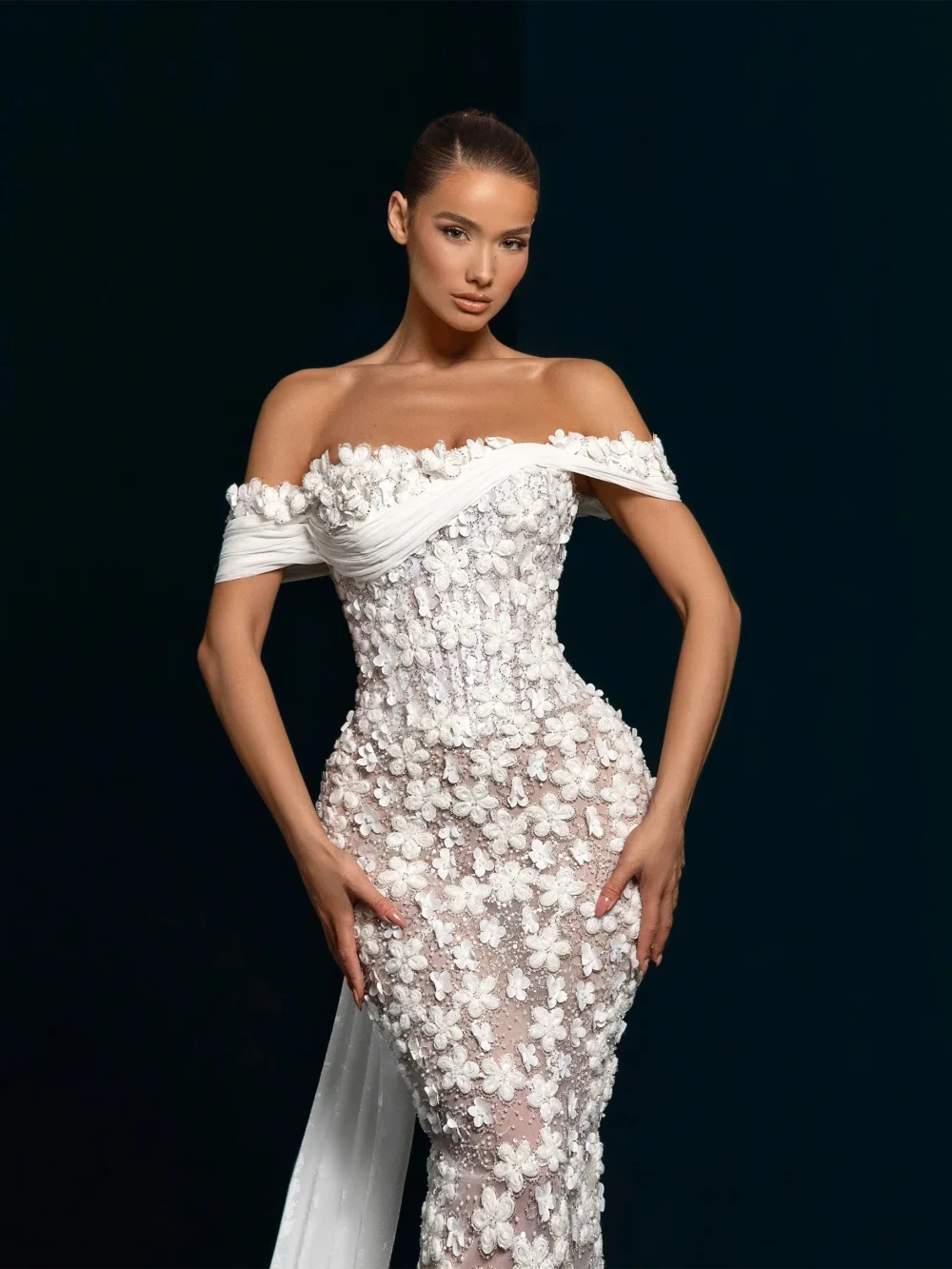 Handmade 3D Floral Sheath Wedding Dress Sparkling Beaded Off Shoulder Bridal Gown Customized Strapless Elegant Dresses For Bride