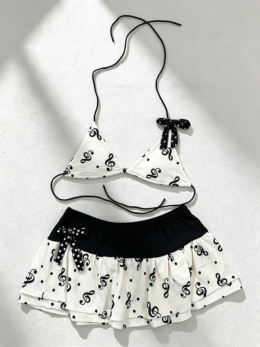 Musiknoten-Print Damen Bikini-Sets mit Rock, Neckholder, Schleifendekoration, Badeanzüge für Sommer, Strand und Urlaub, Zweiteilige Badebekleidung – Detail 4