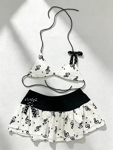 Music Note Print Women Skirted Bikini Sets Halter Neck Bow Decor Swimsuits Summer Beach Holiday Swimwear Two Piece Bathing Suits