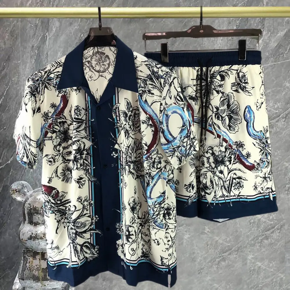 New Casual Harajuku Snake Print Shorts Set Loose Short Sleeve Shirt Set Men Hip Hop Beach Holiday Flower Short Sleeve Track Suit