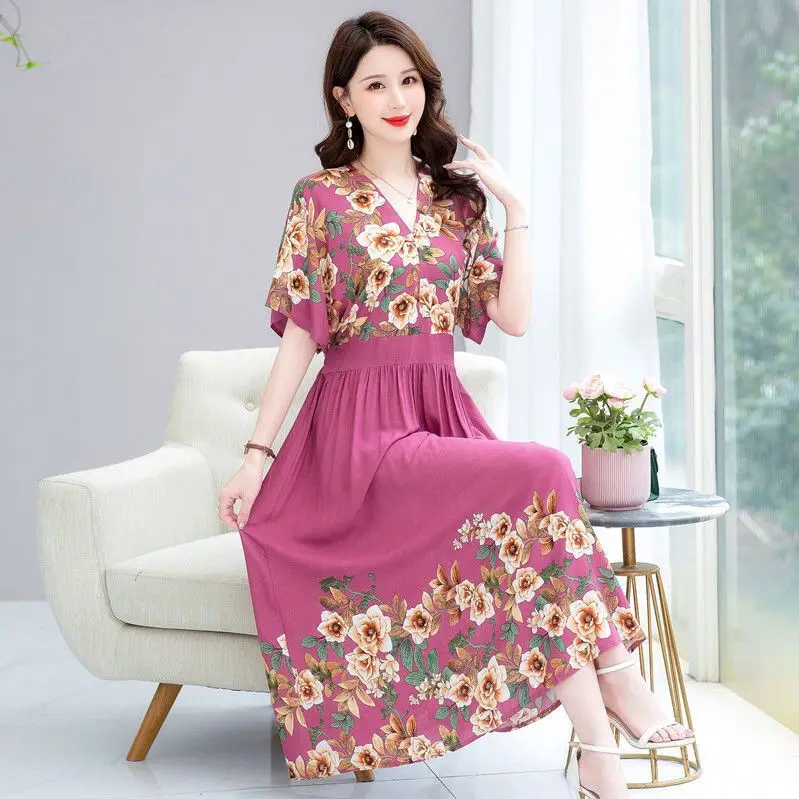 

2024 Summer Women Fashion V-neck Flower Print Dress Female Short Sleeve Loose Dresses Ladies Middle-aged Long Vestidos M07