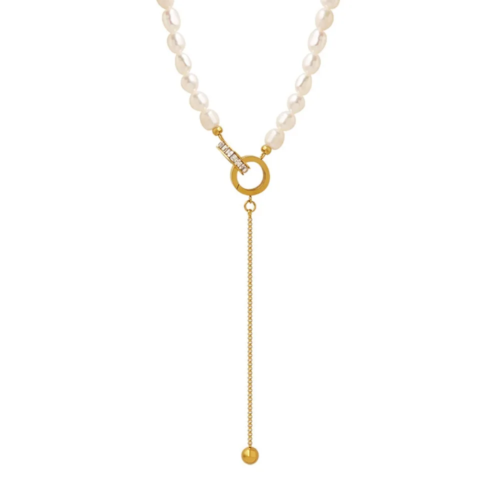

Women's Necklace Retro Baroque Roman Numerals Zircon Double Ring Tassel Natural Freshwater Pearl Pendant Chain