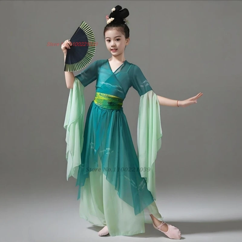 2025年ヴィンテージダンス衣装 伝統的な子供用メッシュ漢服トップス+パンツセット 女の子妖精ドレス トレーニングステージパフォーマンスドレス