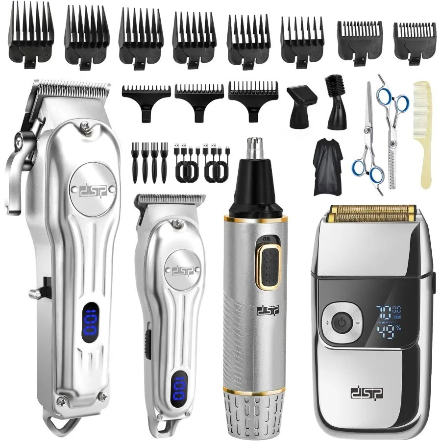 

4-in-1 Pro Barber Kit: Cordless Hair Clipper Trimmer Shaver Nose Hair Remover - Styling Grooming Set with Scissors Fade Tools L