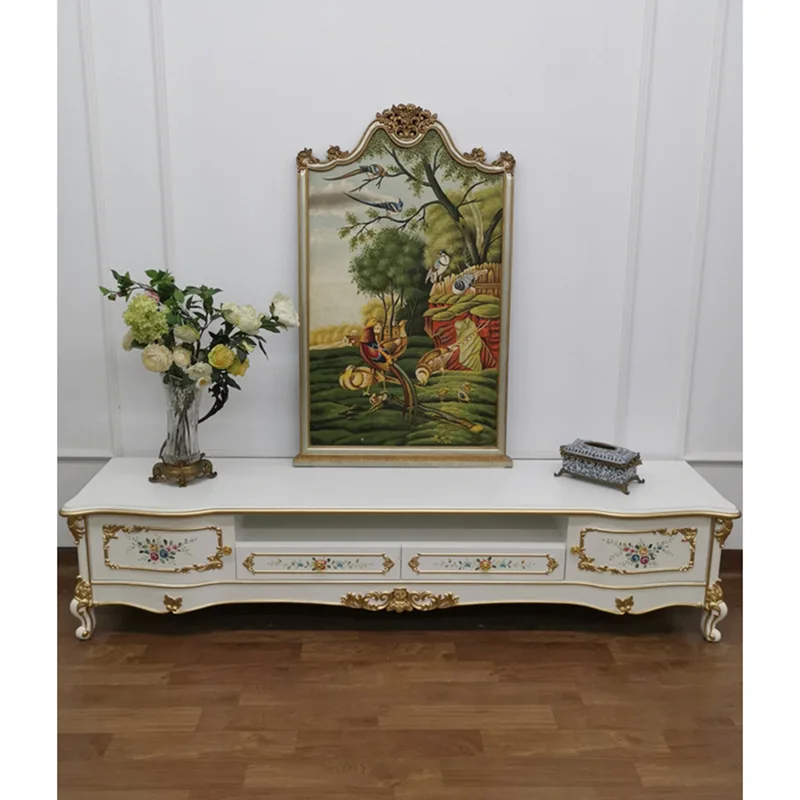 

European TV cabinet American birch painted living room white champagne French engraved floor cabinet furniture