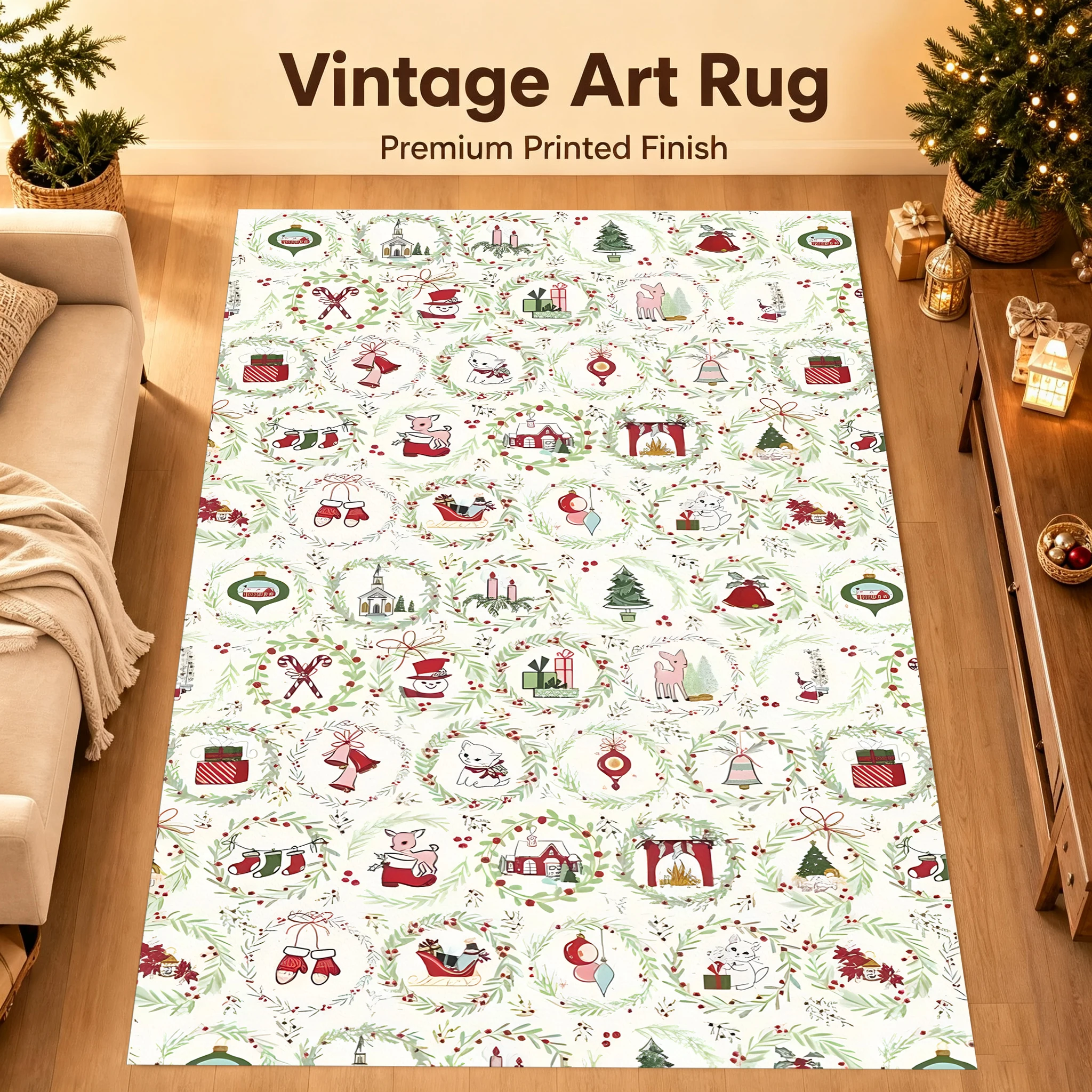Velvet Rug All over Santa Claus Christmas Tree Cottage Cozy Retro Style for Living Room Bedroom Bedside Entryway Decor