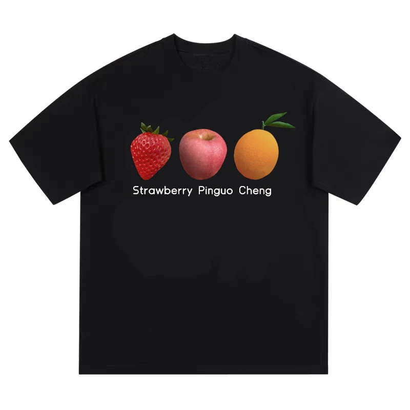 Strawberry apple and orange fruit Cantonese culture minority original interesting cotton T-shirt