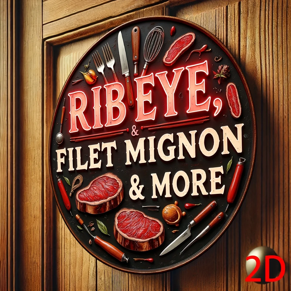 Vintage Round Metal Tin Sign, Ribeye Filet Mignon Steak Kitchen Utensil Neon Style Restaurant Wall Decor Plaque