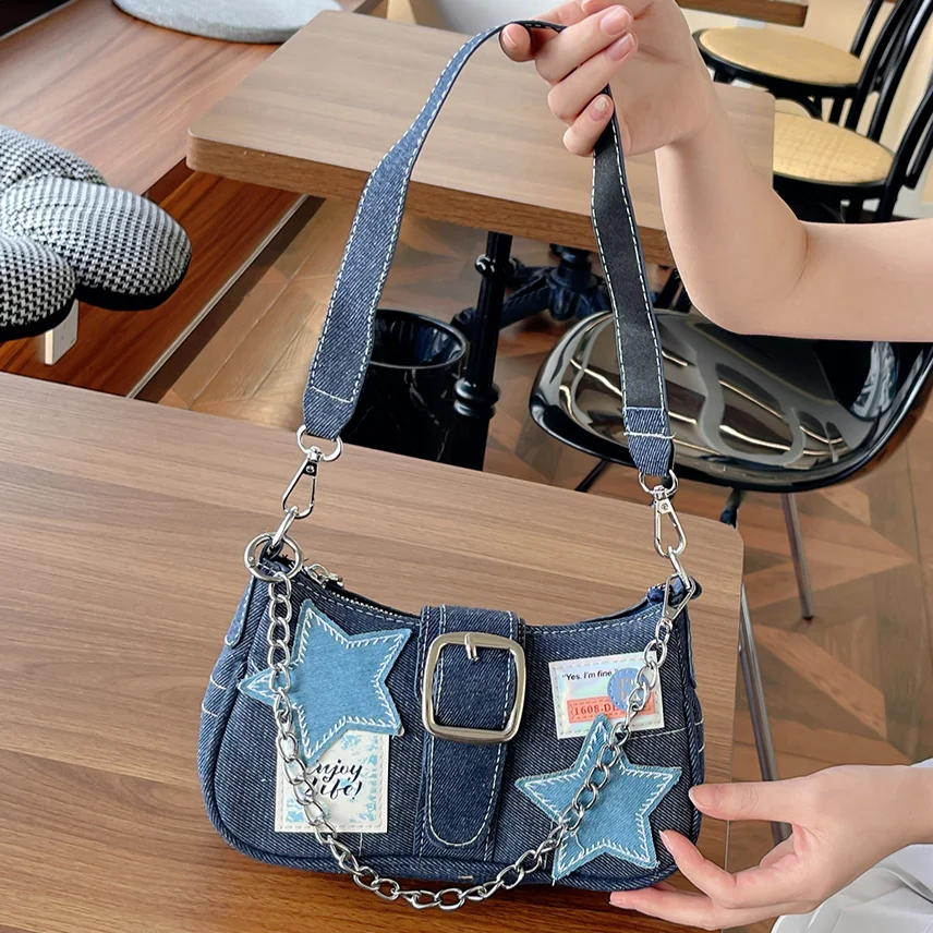 Euro-America Fashion Armpit Bag Y2K Star Pattern Small Handbag with Chain Girls Retro Denim Underarm Bag Cool Style Shoulder Bag