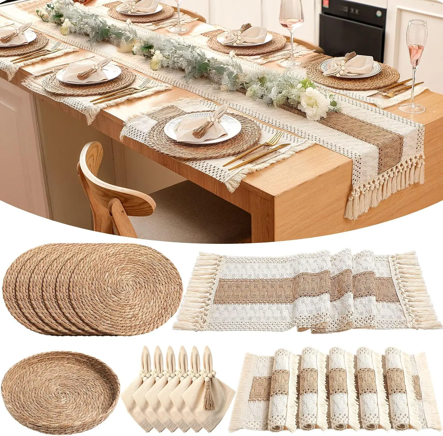 6Pcs Boho Placemat Set: Round Woven, Cloth Napkins, Wood Bead Rings, Long Table Runner, Khaki