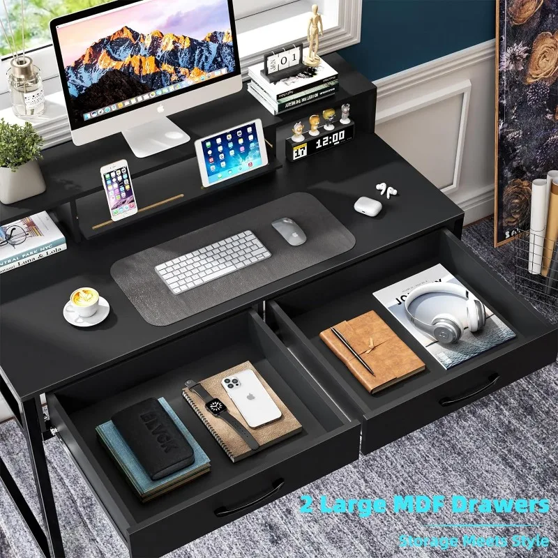 Mesa do computador com gavetas, Home Office Desk, Monitor Stand, escrivaninha com armário de armazenamento, 47 polegadas