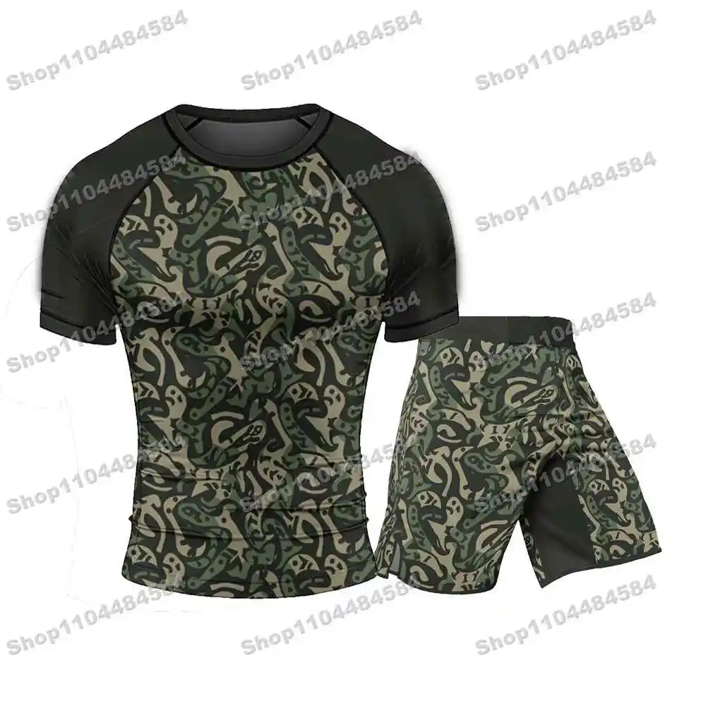 51th Popular Ninja WWF Rash Guards Surfing Jersey Beach Shirts Swimwear Diving Gym Shorts MMA BJJ Men Jiu Jitsu Fitness Sets