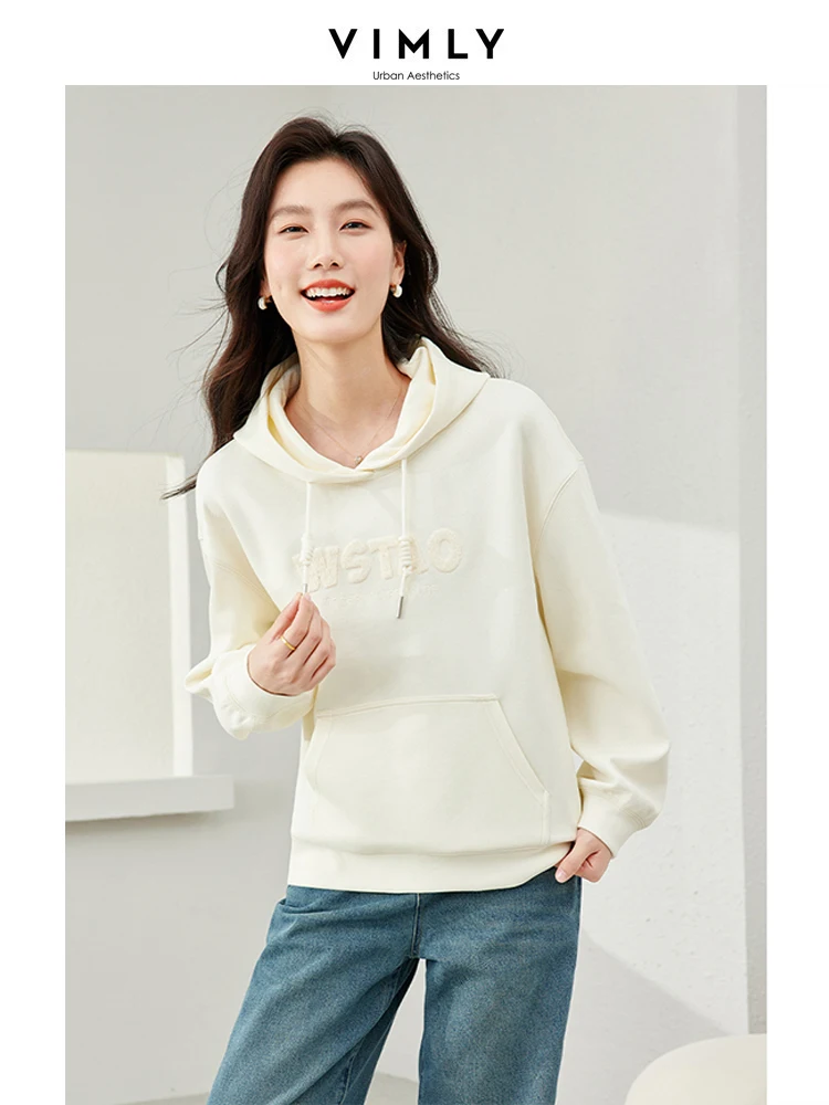 Vimly Simple Cotton Pullover Hoodies 2024 Spring Letter Embroidery Hooded Sweatshirts Casual Women's Drop Sleeve Tops M5711