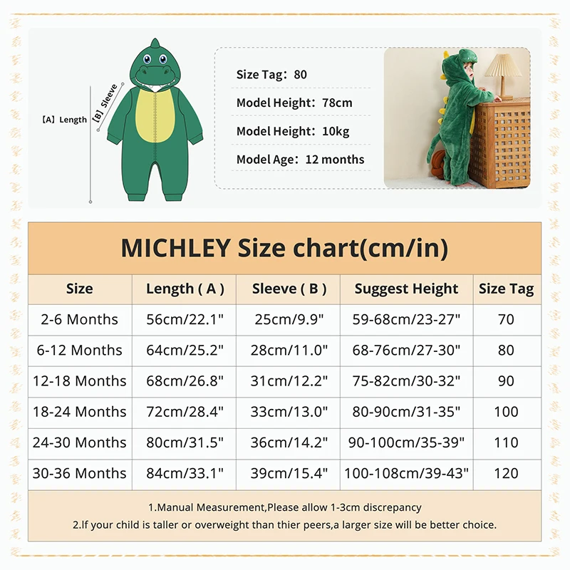 MICHLEY Halloween Dinosaur Baby Winter Costume Rompers Clothes Cute Cartoon Jumpsuit Bodysuit Overall Unicorn For Girls Boys