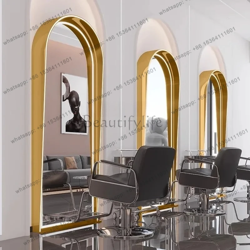 jj58 High-End Hair Salon Dressing Table Hair Cutting  with Lamp Double-Sided Floor Mirror Barber Shop Mirror for Hair Salon