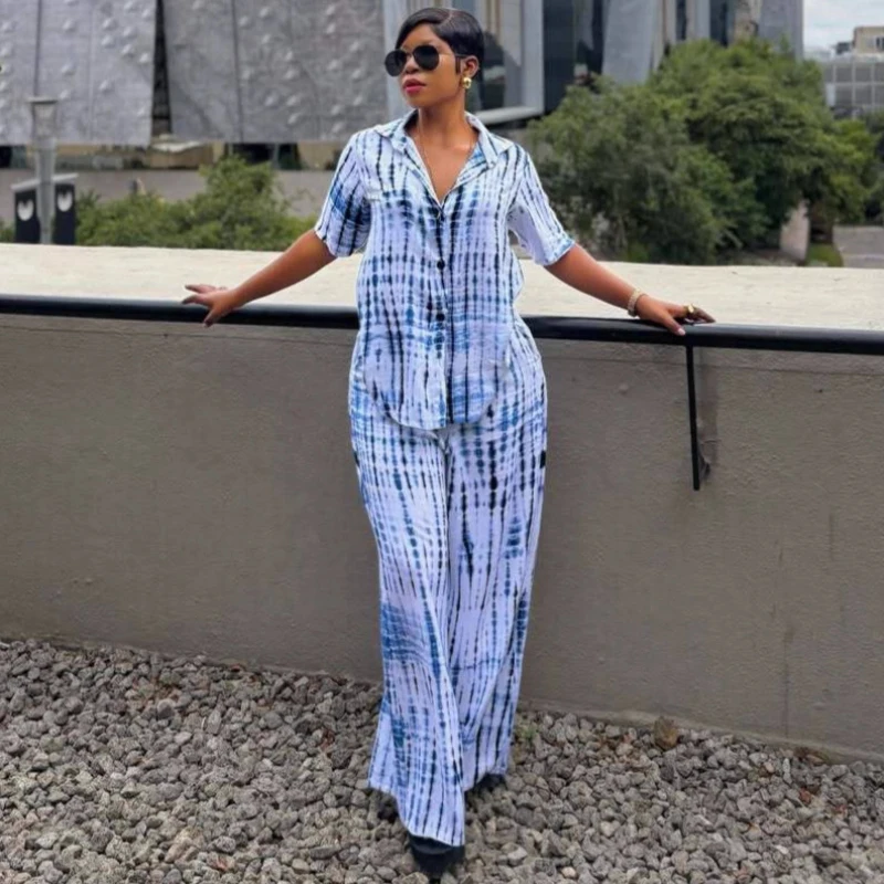 Neue Afrikanische Mode Frauen Zwei Stück Set Tie Dye Gedruckt Kurzarm Lose Hemd Und Breite Bein Hosen Set