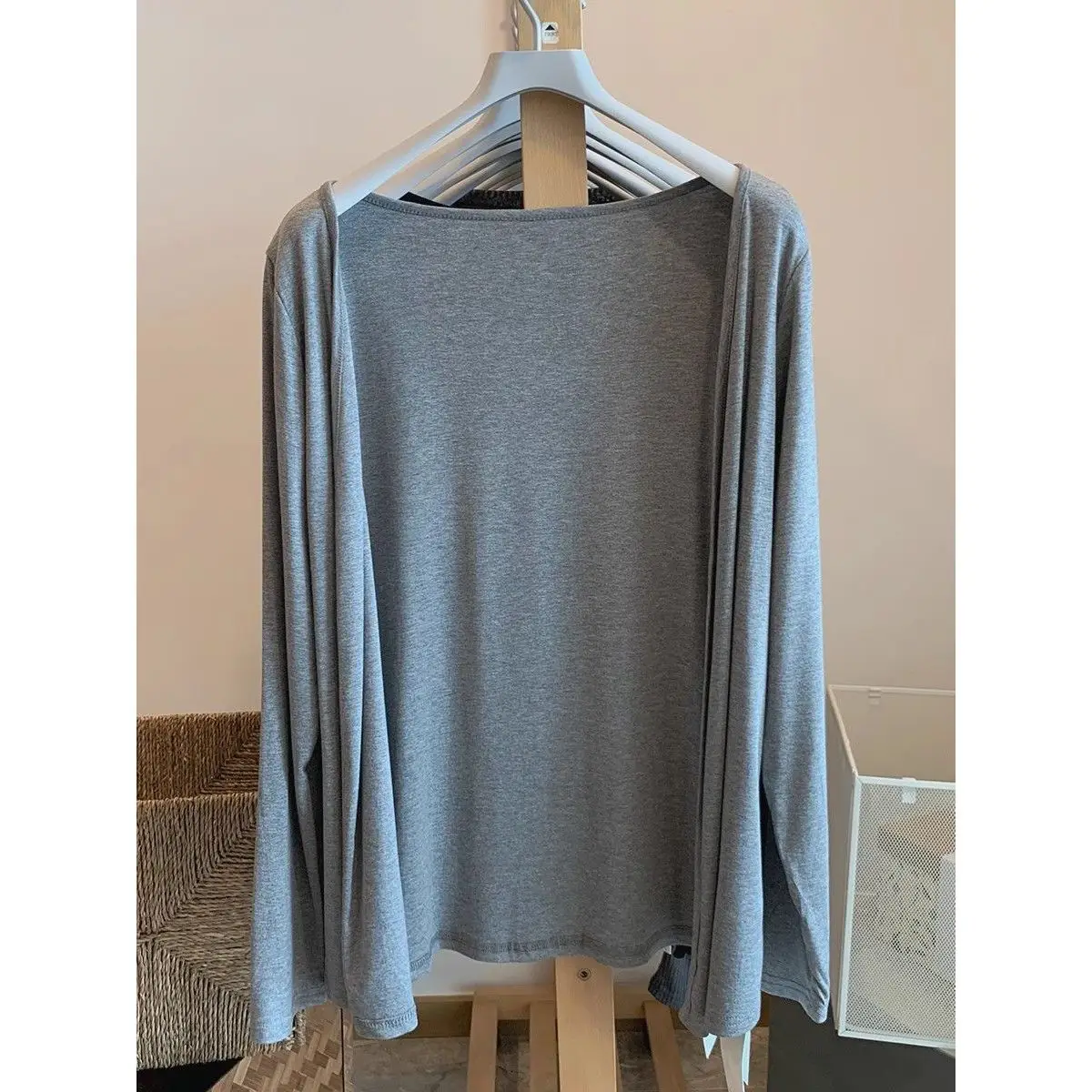 

Korean Style Long Sleeve Knitted Open Cardigan Women's Spring Summer Grey Modal Cotton Top Outerwear Anti-Lazy Sun Cover Shirt