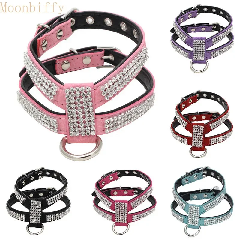 Dog Collar pet chest strap Adjustable Pet Products Necklace Dog Harness Leash Quick Release Bling K-shaped Rhinestone PU Leather