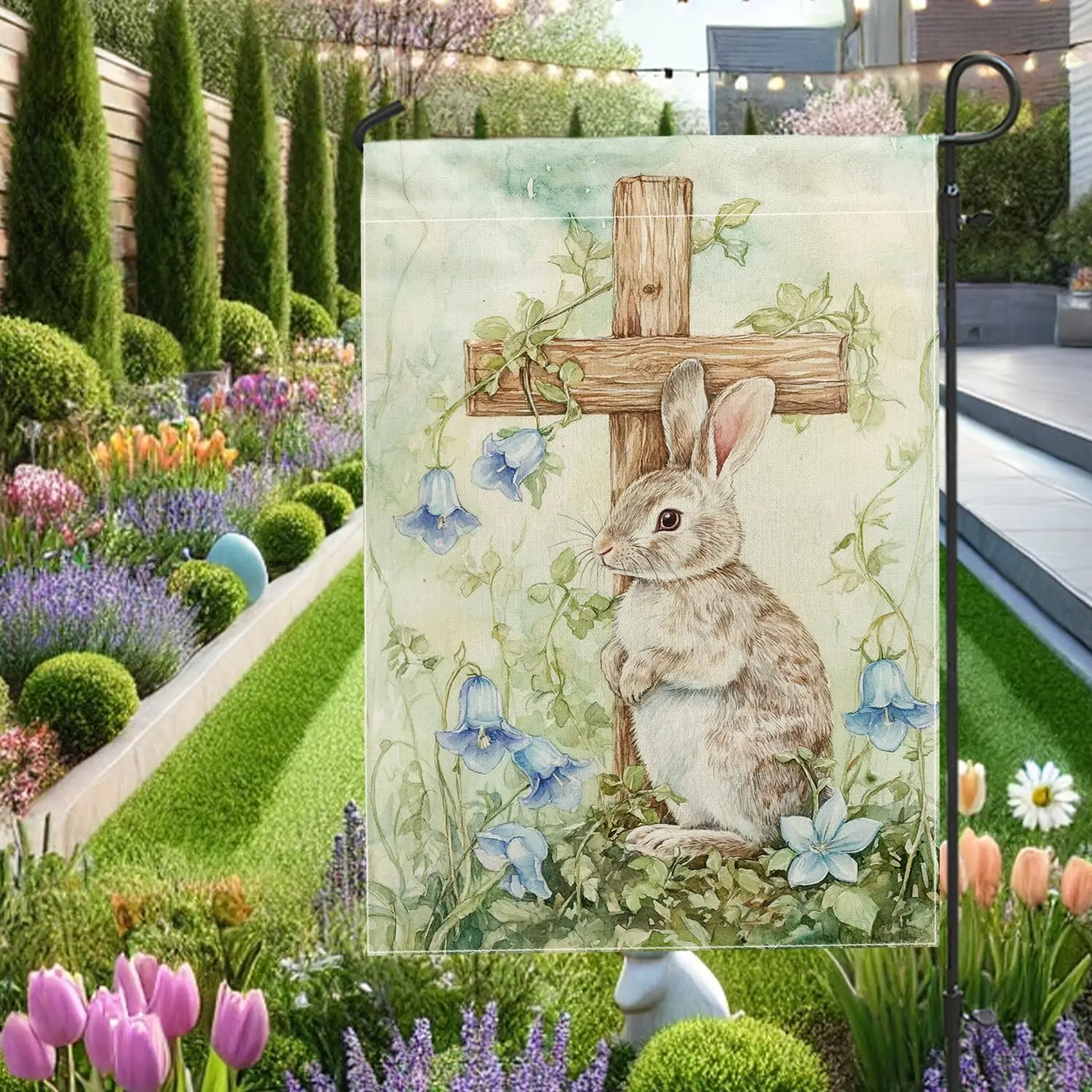 Spring Easter Garden Flag, Brown Rabbit Cross Blue Flower Outdoor Decor, Double Sided Burlap Yard Flag for Holiday Lawn Deco PPZ