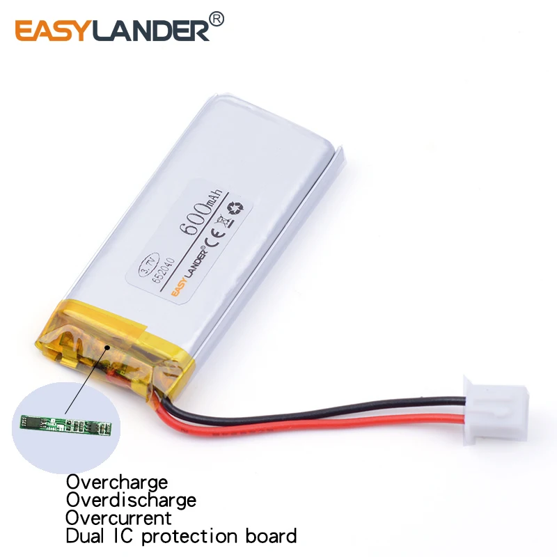 JST2.54 baterai polimer litium Li, isi ulang 2P 600mAh 652040 3.7V untuk Bluetooth MP3 nirkabel