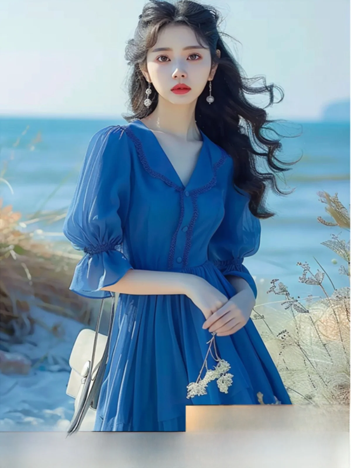 

Elegant Summer Tea Break Ladies Dress Beach Vacation High Waist A-Line Midi Skirt Korean Style Bubble Sleeve Polyester Fiber