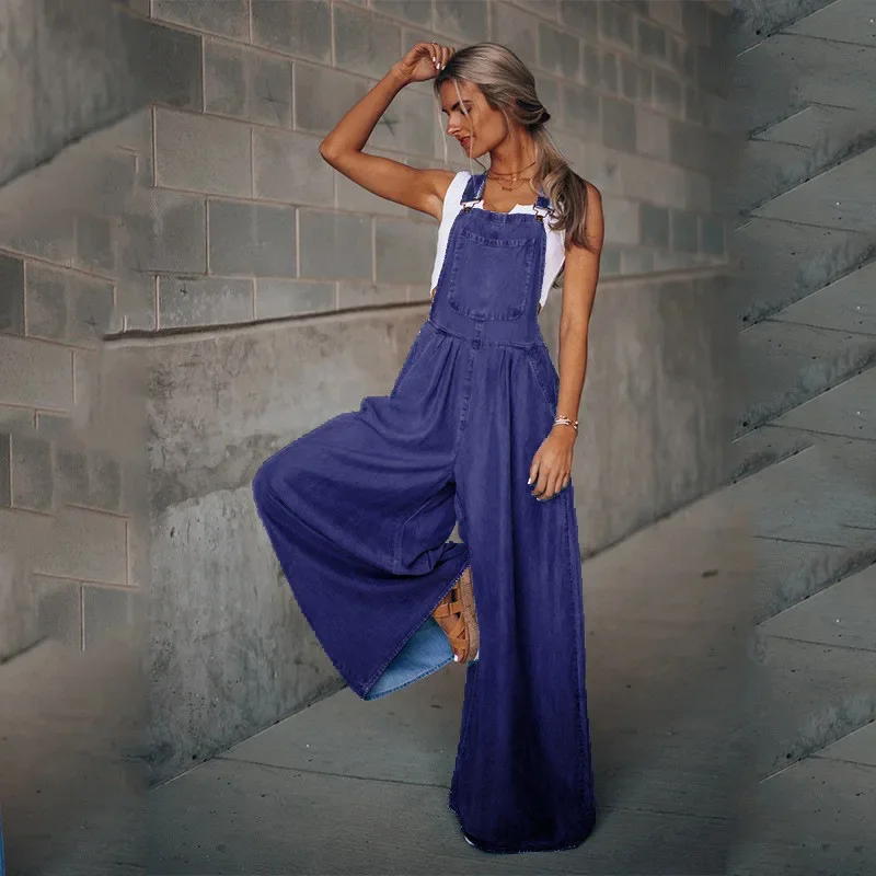 Women Sleeveless Long Loose Wide Leg Pants Jumpsuits Overall Full Length Denim Jeans Jumpsuit