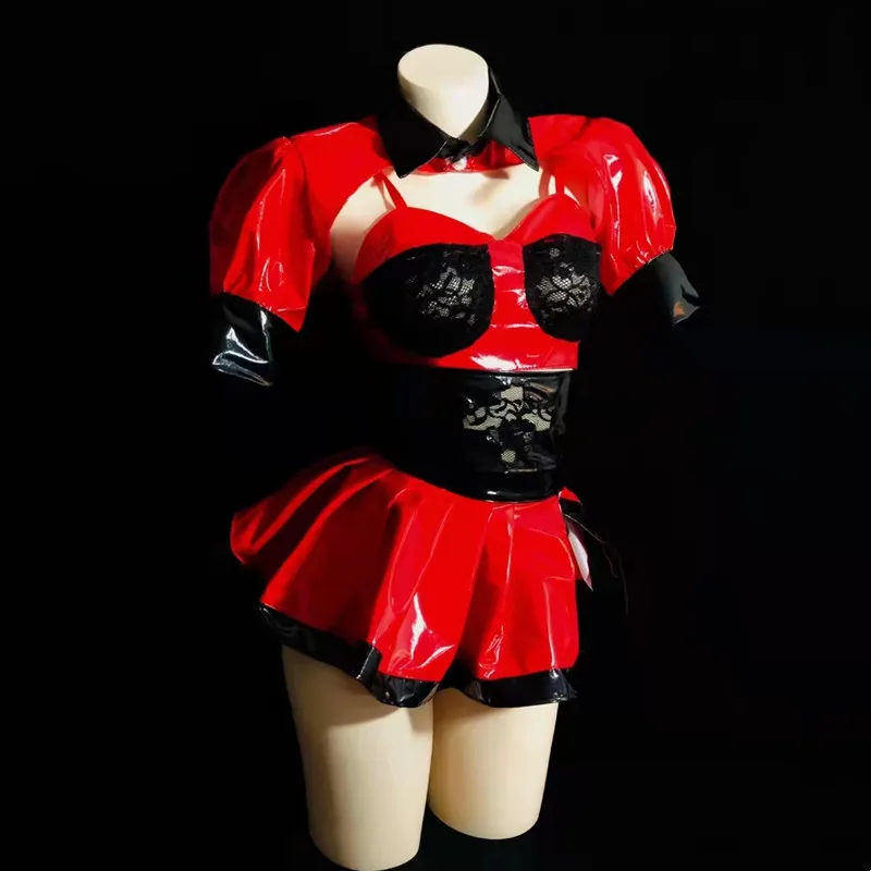 

European Nightclub Bar Sexy Stage Wear Red Leather Black Lace Bikini Rave Outfit Party Show Festival Clothing Drag Queen Costume