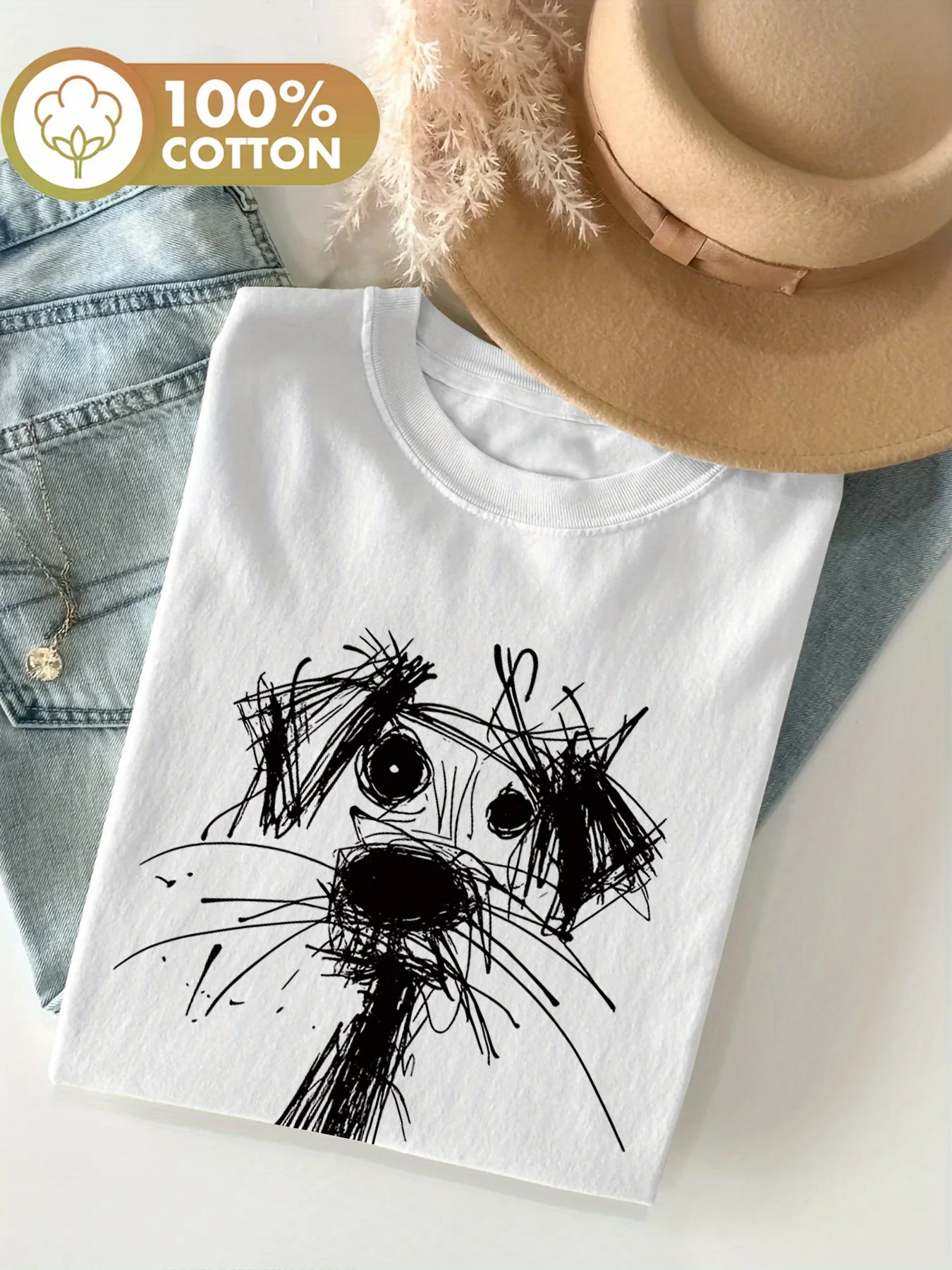 

Женская летняя футболка больших размеров с ретро-граффити и принтом собачьих линий, хлопковая, дышащая, стильная, универсальная, в уличном стиле, оверсайз