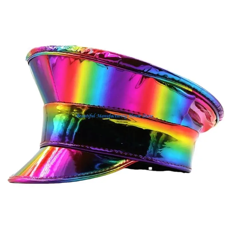 E56A Shimmering PU Leather Marine Hat Dance Props Flat Top Hat for Night Event