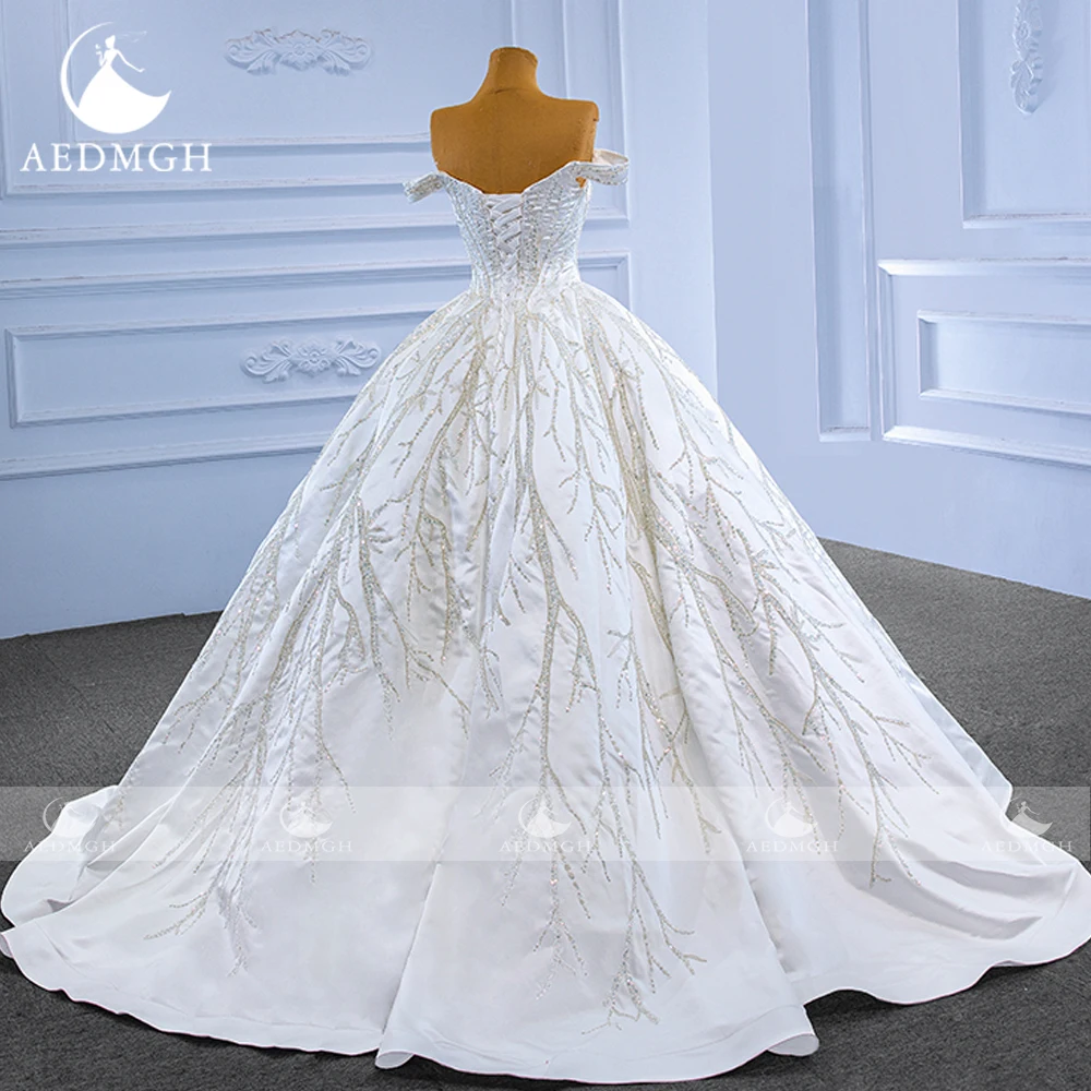 Aedmgh Ball Gown Abiti da sposa in raso Sweetheart con spalle scoperte Semplice Vestido De Novia Abito da sposa su misura con paillettes in pizzo