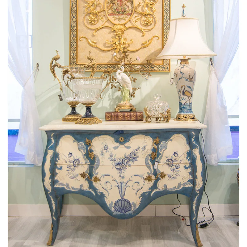 Court style solid wood painted flower foyer cabinet exquisite French villa living room furniture blue porch cabinet furniture