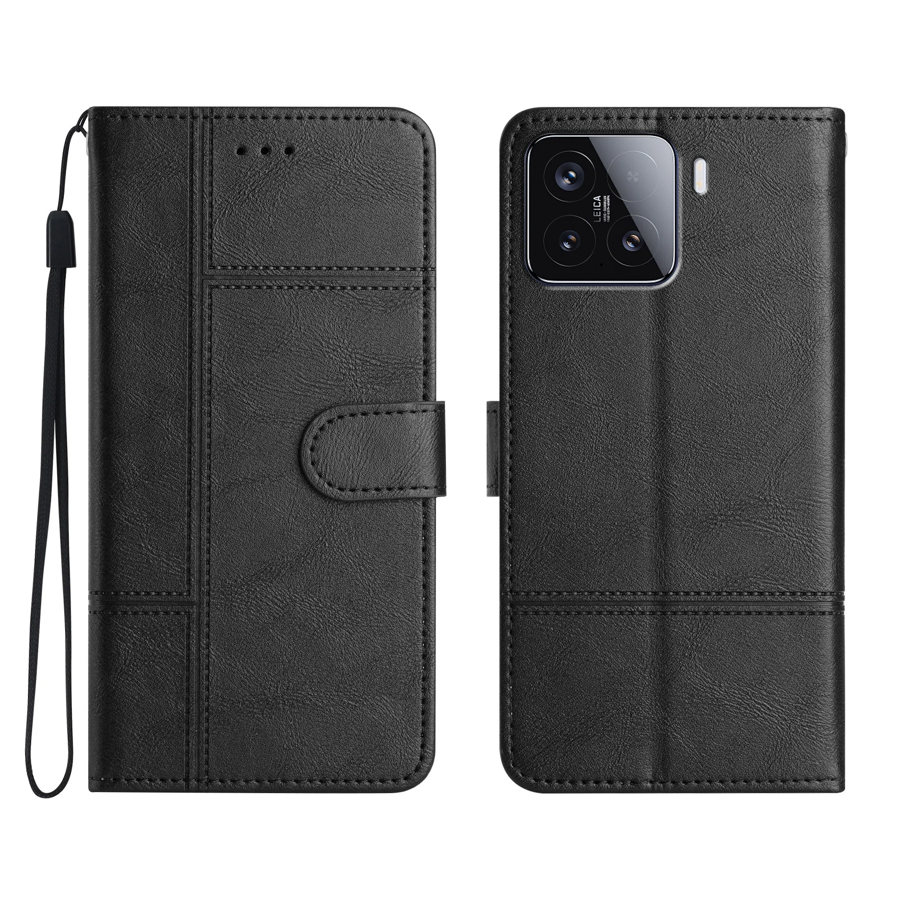 

For Xiaomi 15T Pro Wallet Case Line Imprinted Cowhide Texture PU Leather Phone Cover - Black