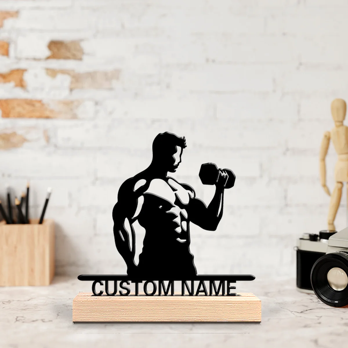 1pc Abstract Muscle warrior Customized Text Metal Statue Iron Ornament Art Figurine With Wood Base Tin SculptureFor Home Decor