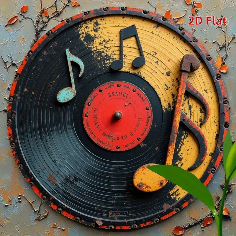 2D Flat, 2D Flat Style, Vintage Round Wooden Musical Note Wall Decor | 2D Flat Vinyl Record Wreath Sign | Decorative Wooden Art