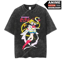 Japanese Anime Beauty Girl Warrior T Shirt Y2k Harajuku Street Casual Women T-shirt Cotton Washed Retro Oversized Loose Tees