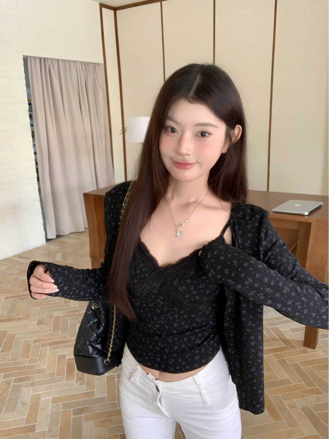 

Длинный открытый кардиган в стиле ретро Bla с цветочным принтом, женский комплект ранней осени, кружевной топ с бретельками, комплект из двух предметов