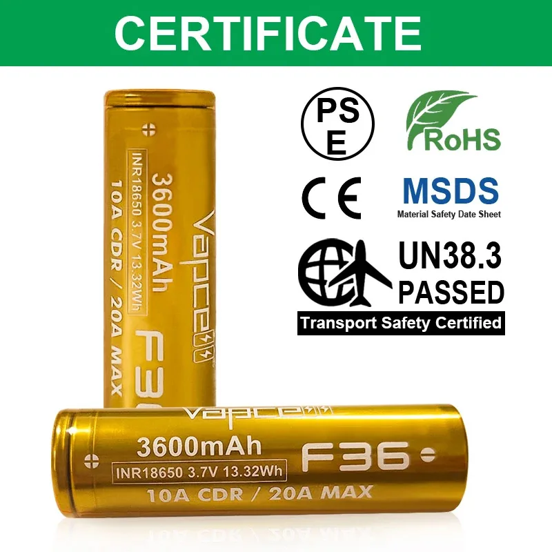 High quality Vapcell F36 INR 18650 Battery 3600mah Capacity CDR 10A Max 20A 3.7V  Rechargeable Li-ion battery For Flashlight