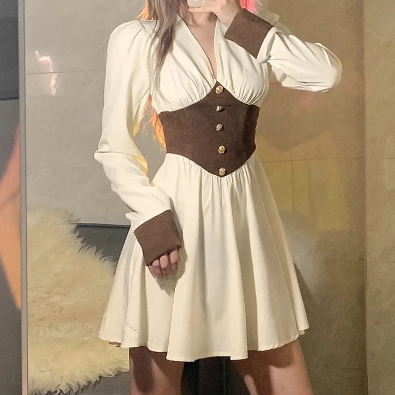 Medieval style renaissance dress 2024 New Fashion women long sleeve V neck short skirt spring summer fall white-apricot sexy