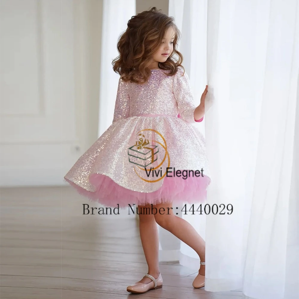 Glitter Sequined Flower Girl Dresses for Girls 2023 Summer Tutu Knee Length Wedding Party Gowns Full Sleeve فساتين اطفال للعيد